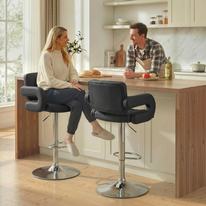 Bar Stools Adjustable Swivel Kitchen Chairs with Backrest Armrest Set 