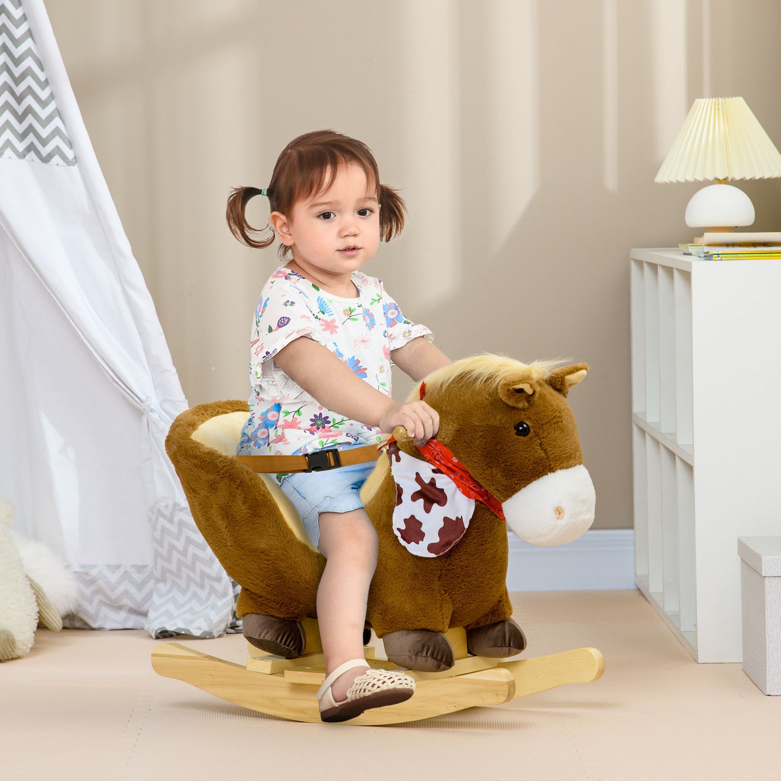 Kids Rocking Horse, with Safety Harness, Sounds, Foot Pedals - Brown