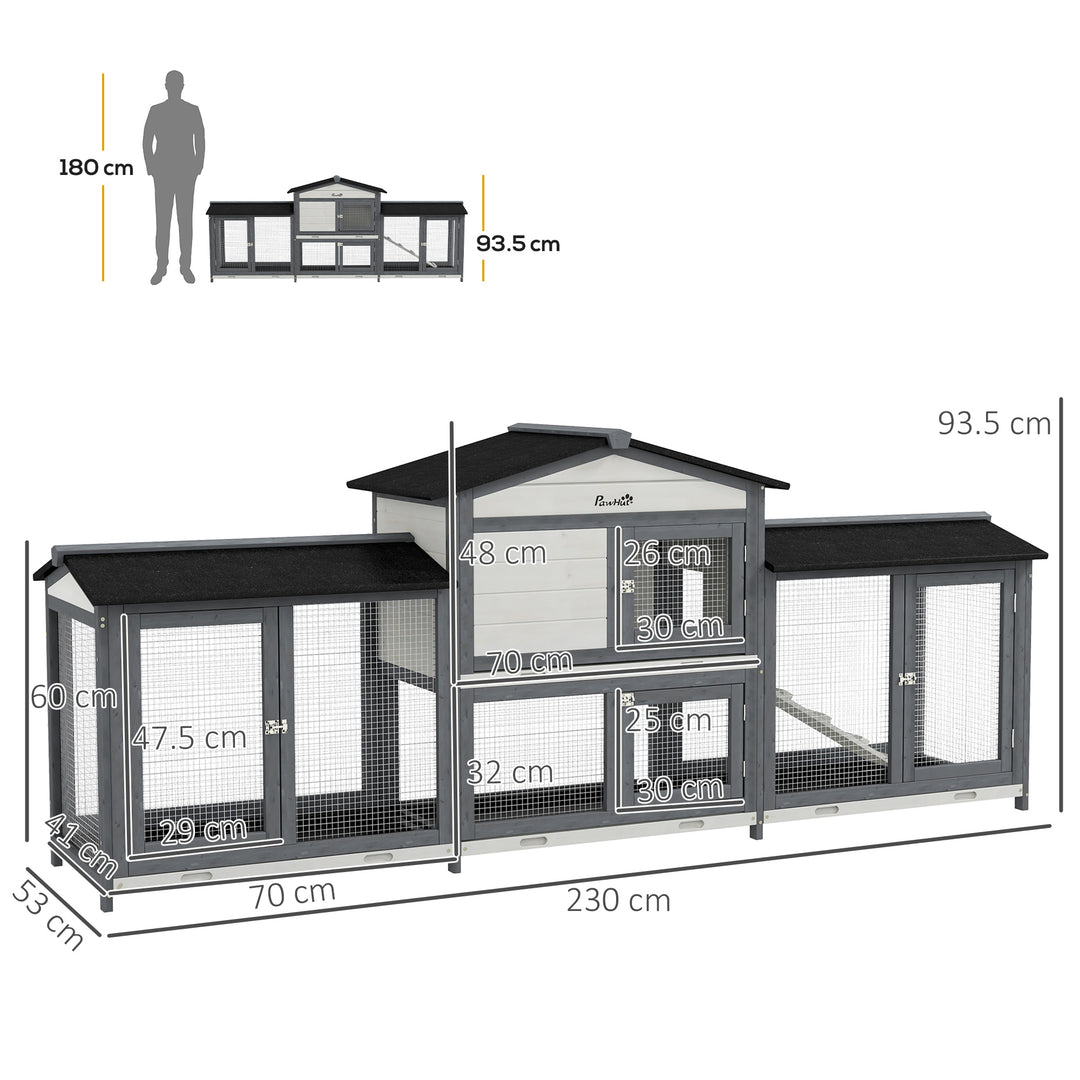 2-Tier Large Rabbit Hutch Outdoor with Double Side Run Boxes, No-leak Plastic Tray, Ramp, 230 x 53 x 93.5cm, Light Grey