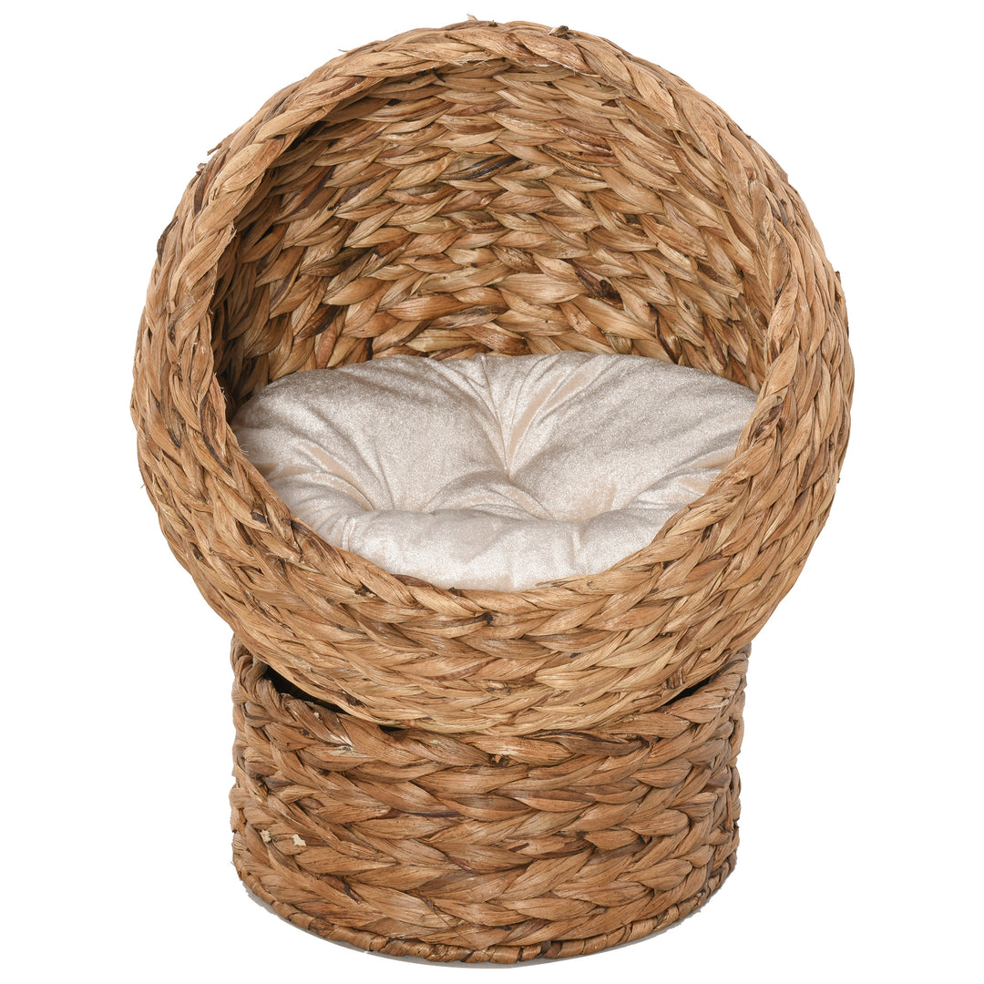 Wicker Cat Bed, Raised Rattan Cat Basket with Cylindrical Base, Soft Washable Cushion, 50 x 42 x 60 cm - Brown