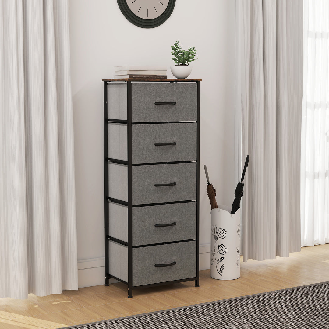 Fabric Chest of Drawers, Industrial Bedroom Dresser with 5 Fabric Drawers, Steel Frame and Wooden Top for Nursery, Living Room, Hallway, Rustic Brown and Grey