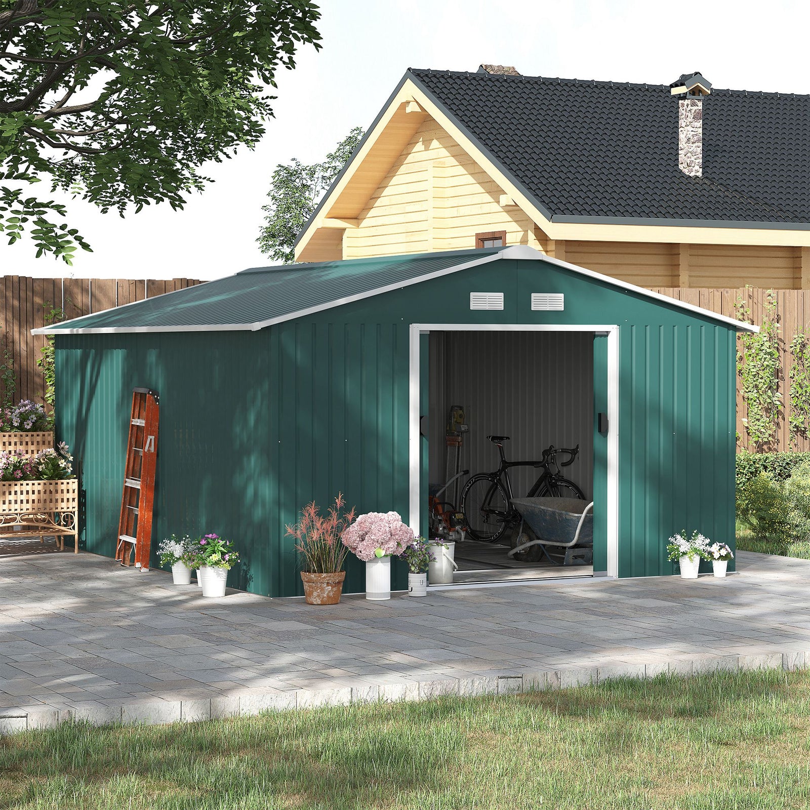 12.5 x 11.1ft Steel Sliding Door Storage Shed - Green
