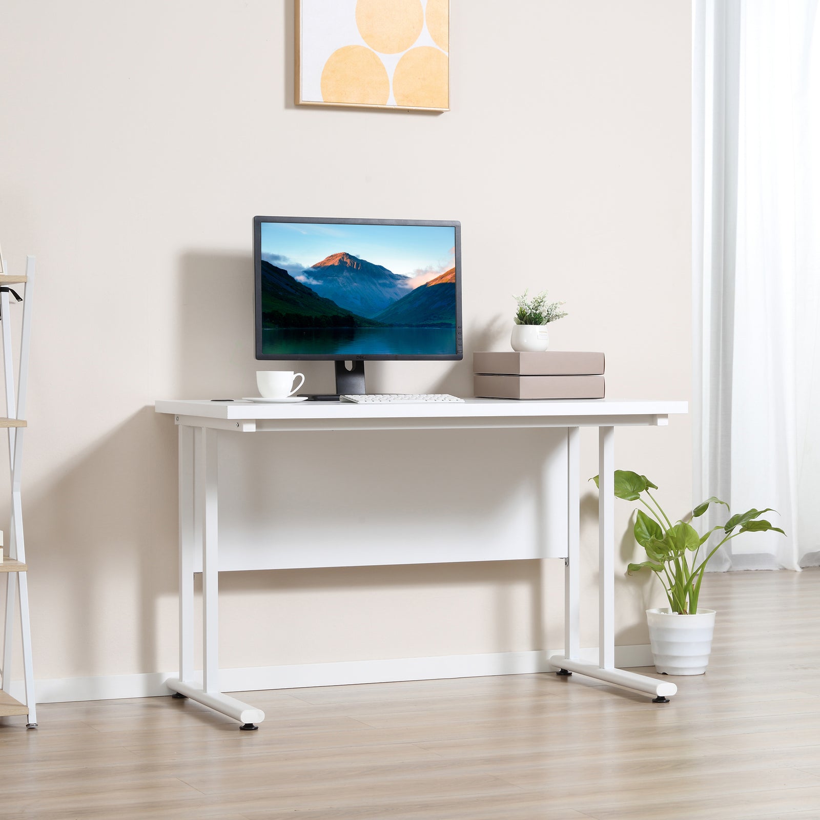 Computer Desk, Home Office Desk, Writing Table, 120x60x75cm Laptop Workstation with 2 Cable Management Holes, C Shaped Metal Legs for Adults, White