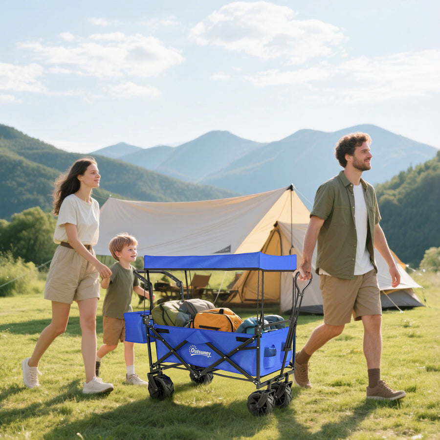 Folding Trolley Cart Storage Wagon Beach Trailer 4 Wheels with Handle Overhead Canopy Cart Push Pull for Camping, Blue