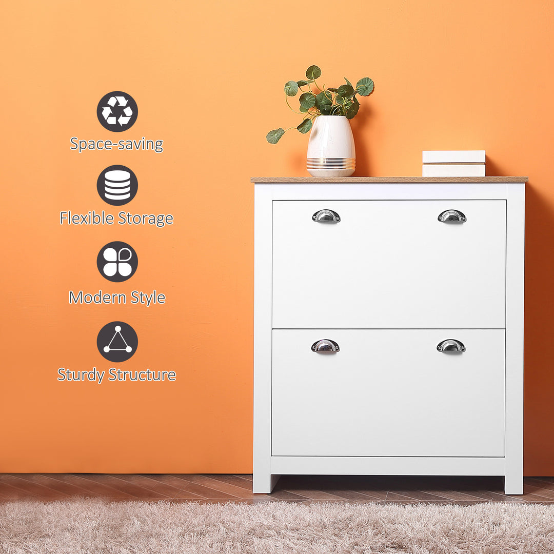 2 Drawer Shoe Cabinet Modern Narrow Shoe Cupboard Hallway Wooden Storage Organiser with Flip Doors Adjustable Shelf for 6-12 Pairs, White
