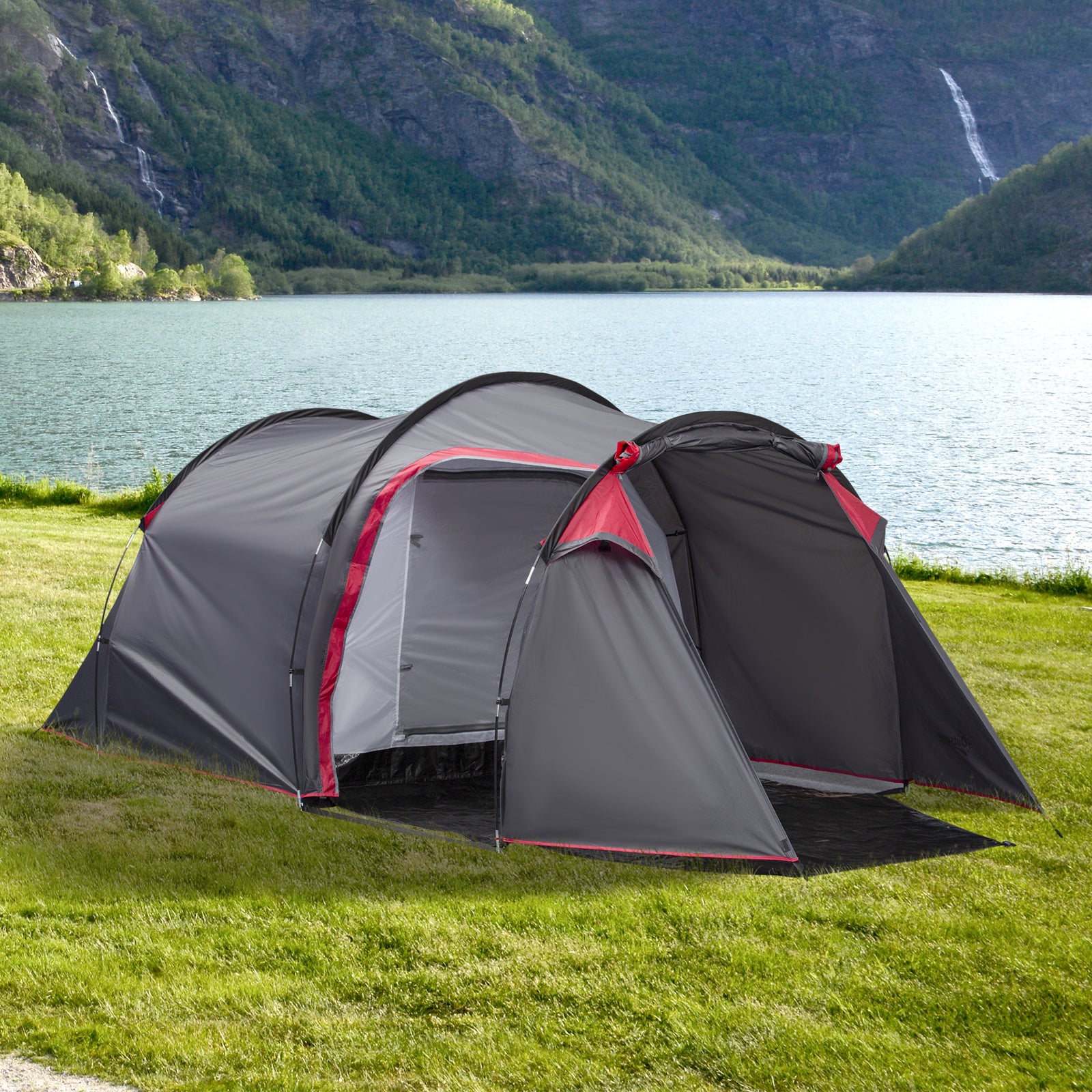 2-3 Person Tunnel Tent with Sewn-in Groundsheet, Air Vents, Rainfly, 2000mm Water Column, Camping Tent with 1 Bedroom, Inbuilt Porch, Living Area for Camping, Hiking, Grey