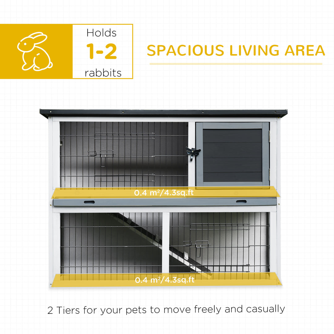 PawHut Small Animal Two-Level Fir Wood Hutch w/ Slide Out Tray Grey | Aosom UK