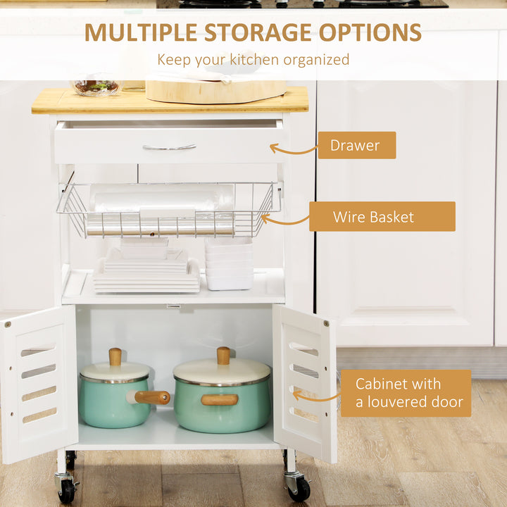 Rolling Kitchen Island Trolley Utility Cart on Wheels with Bamboo Table Top, Storage Cabinet, Drawer and Wire Basket