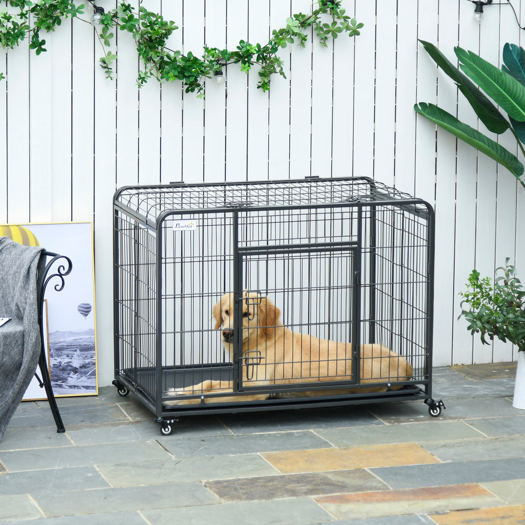 PawHut Heavy Duty Dog Crates Foldable Indoor Dog Kennel & Dog Cage Pet Playpen w/ Double Doors Removable Tray Lockable Wheels Openable Top | Aosom UK