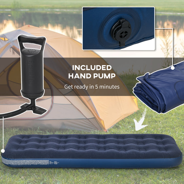 Single Air Bed with Hand Pump, Inflatable Mattress with Flocked Surface for Guest, Camping, Travel, 191 x 73 x 22cm, Blue