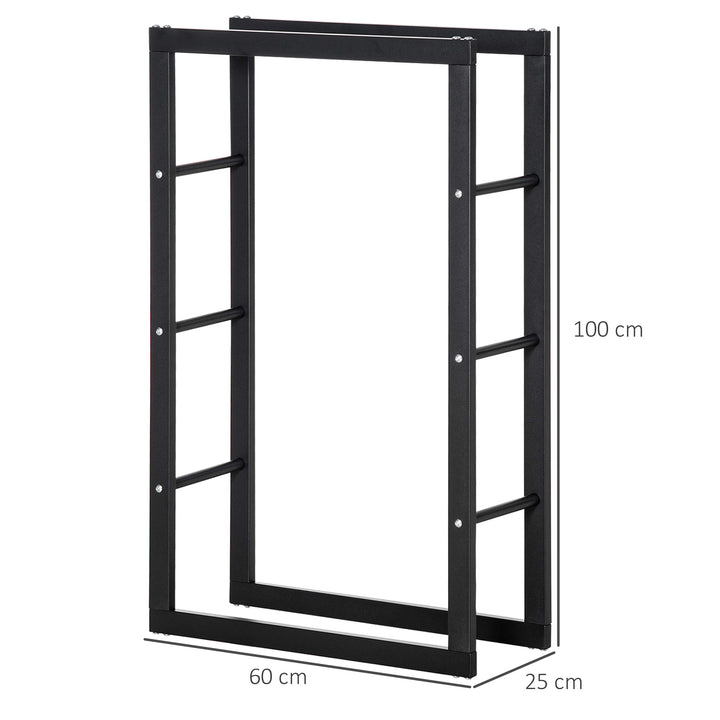 Metal Firewood Log Holder Tall Firewood Rack Indoor Outdoor Fireplace Wood Storage Shelf with Side Rails, Rust-Resistant, Black, 60W x 25D x 100H cm
