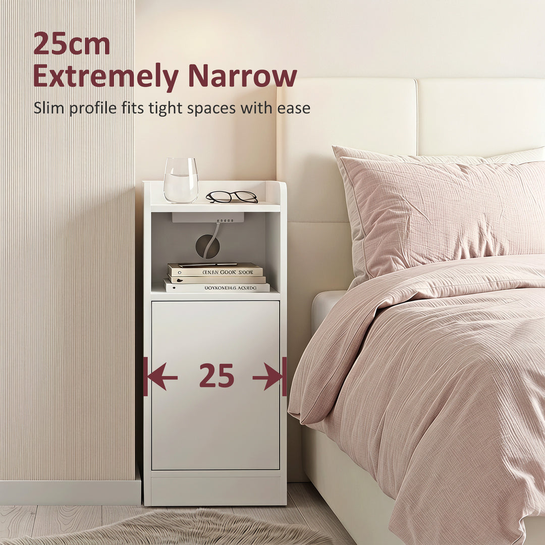 Slim Bedside Table Set of 2 with Charging Station, Narrow Bedside Cabi