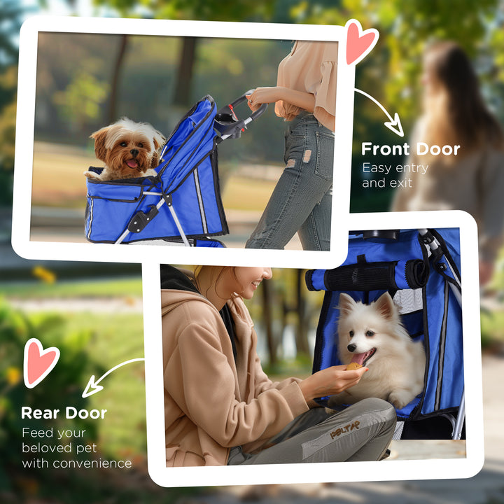 PawHut Dog Pram Cat Stroller Dog Stroller with Cup Holder, Bottom Storage Pocket & Zipper to Keep Your Pet Securely Strapped in, Blue | Aosom UK