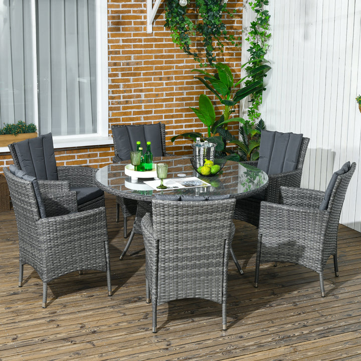 Seven-Piece Rattan Dining Table, with Round Glass-Top Table - Mixed Grey