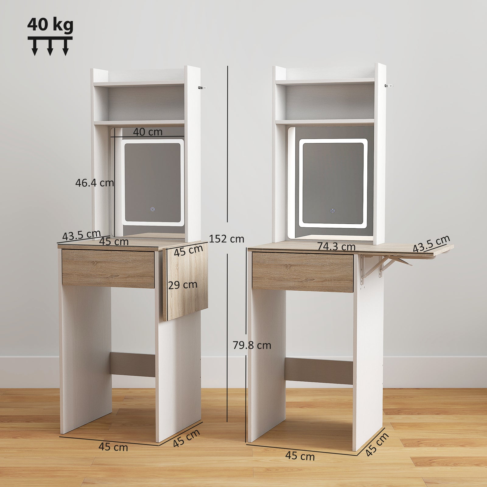 Small Vanity Desk with Mirror and LED Lights, Compact Dressing Table w
