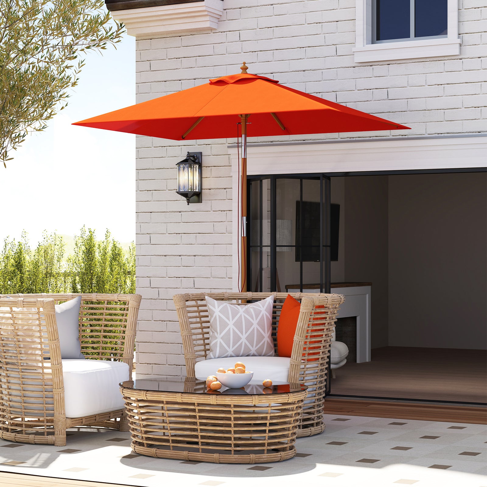 2m Tilting Wooden Pole Parasol - Orange