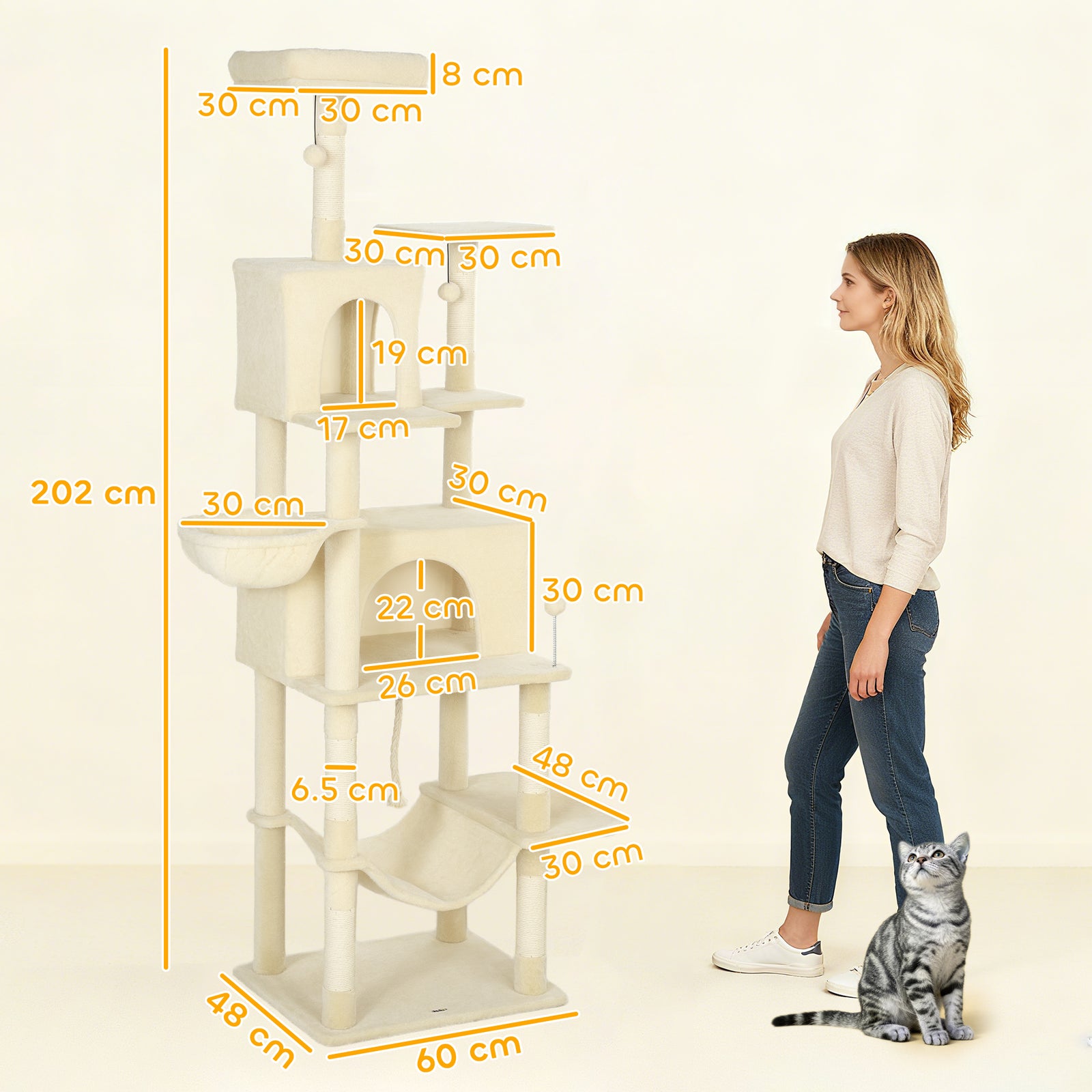 202cm Cat Tree with 6 Scratching Posts, 2 Hammocks, 2 Condos, 2 Perche