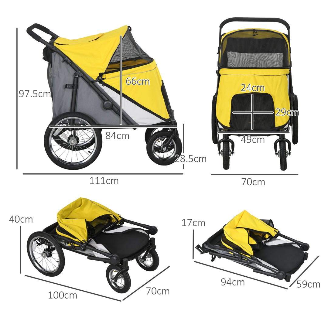 PawHut Foldable Pet Stroller with Washable Cushion, Storage Bags, Safety Leash for Medium and Large Dogs Cats Travel, Yellow