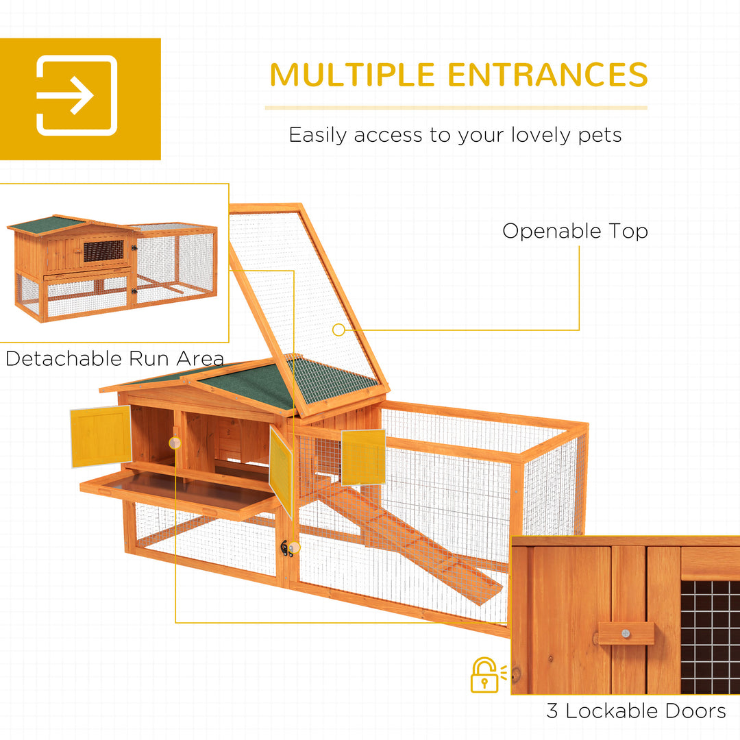 Rabbit Hutch with Run Wooden Guinea Pig Hutch Outdoor Bunny Cage Hide House with Sliding Tray, Hay Rack, Ramp, 156 x 58 x 68cm, Orange