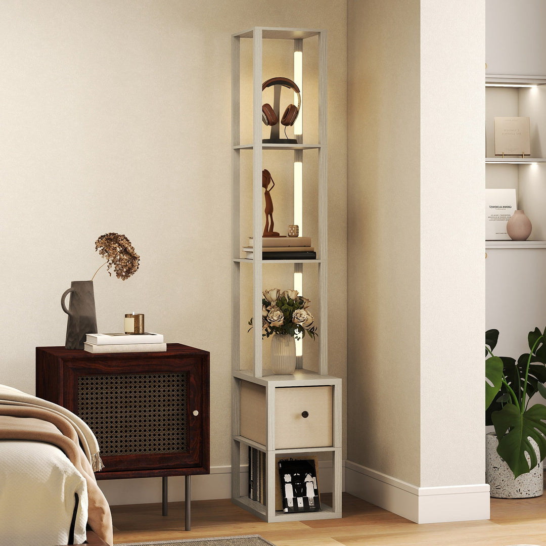 Floor Lamp with Shelves, LED Column Modern Standing Lamp with Fabric Drawer, Adjustable Brightness, Foot Switch for Living Room, Bedroom, Office