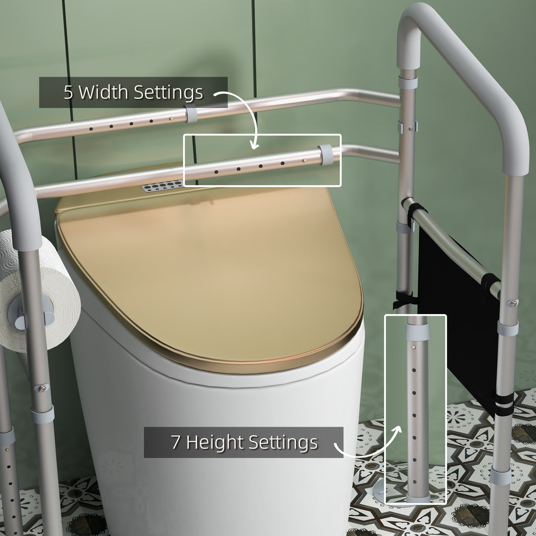 Free Standing Toilet Frame, Height and Width Adjustable Toilet Safety Frame with Arms, 2 Additional Suction Cups, Storage for Elderly, Disabled, Handrail Grab Bar, 136kg Weight Capacity