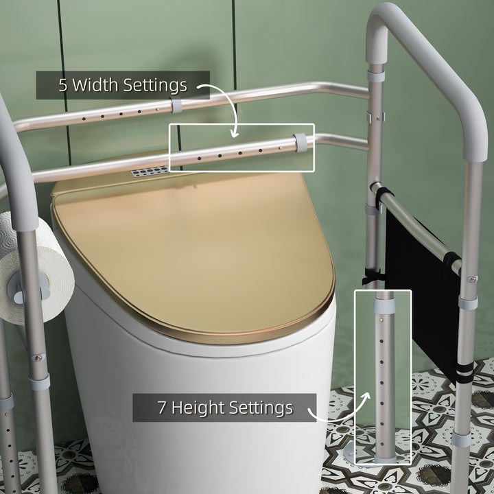 Free Standing Toilet Frame, Height and Width Adjustable Toilet Safety Frame with Arms, 2 Additional Suction Cups, Storage for Elderly, Disabled, Handrail Grab Bar, 136kg Weight Capacity