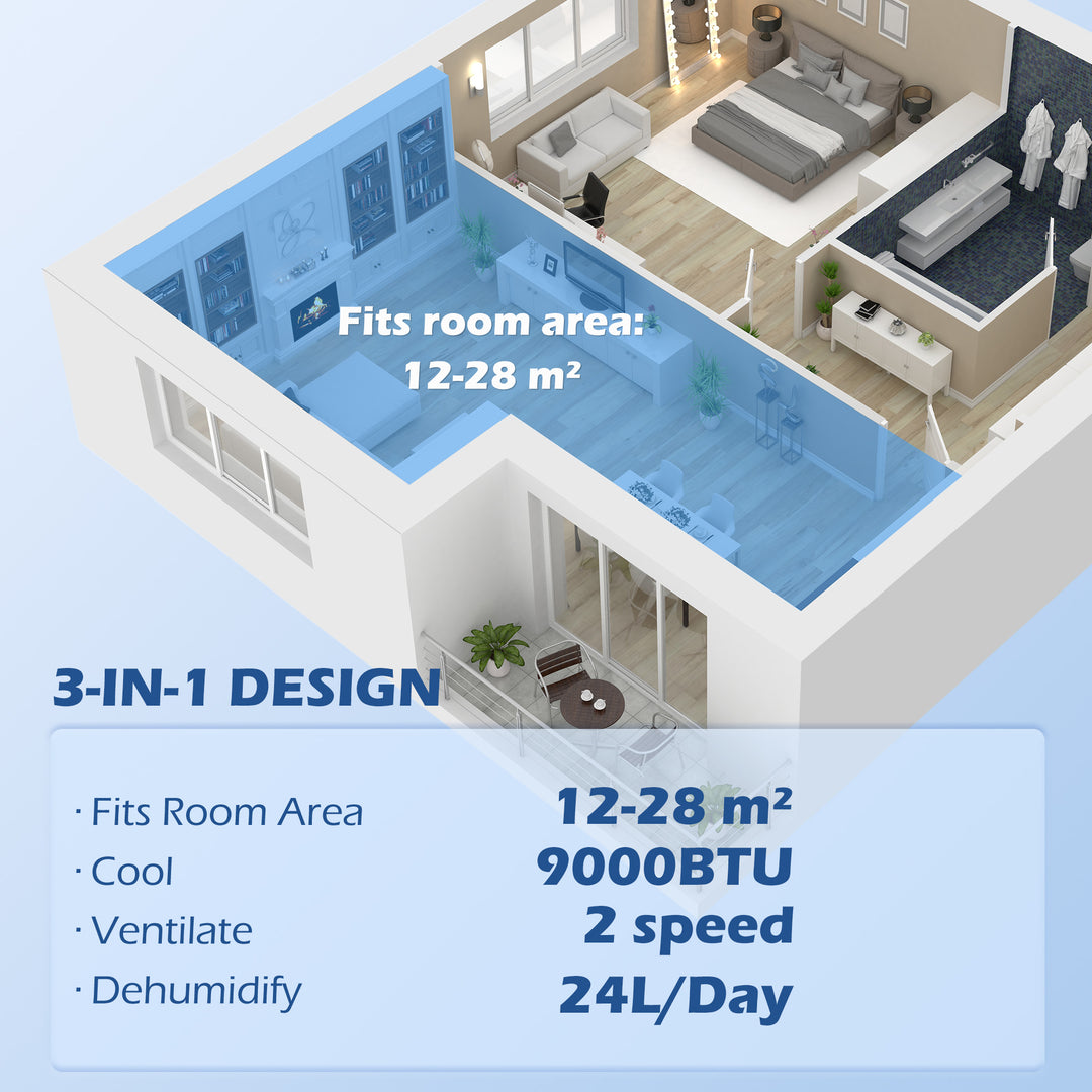 9,000 BTU Mobile Air Conditioner for Room up to 28m², with Dehumidifier, 24H Timer, Wheels, Window Mount Kit