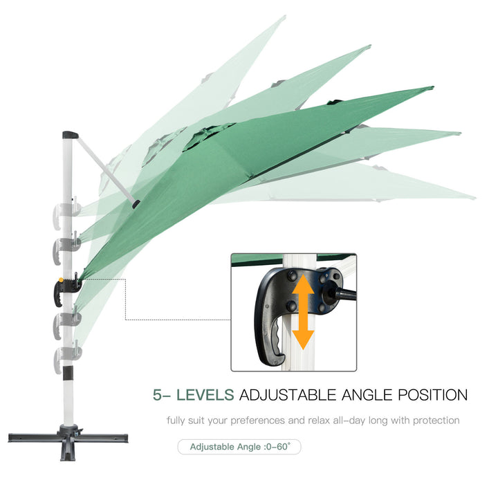 3 x 3(m) Cantilever Roma Parasol, Square Garden Umbrella with Cross Base, Crank Handle, Tilt, 360° Rotation and Aluminium Frame, Green