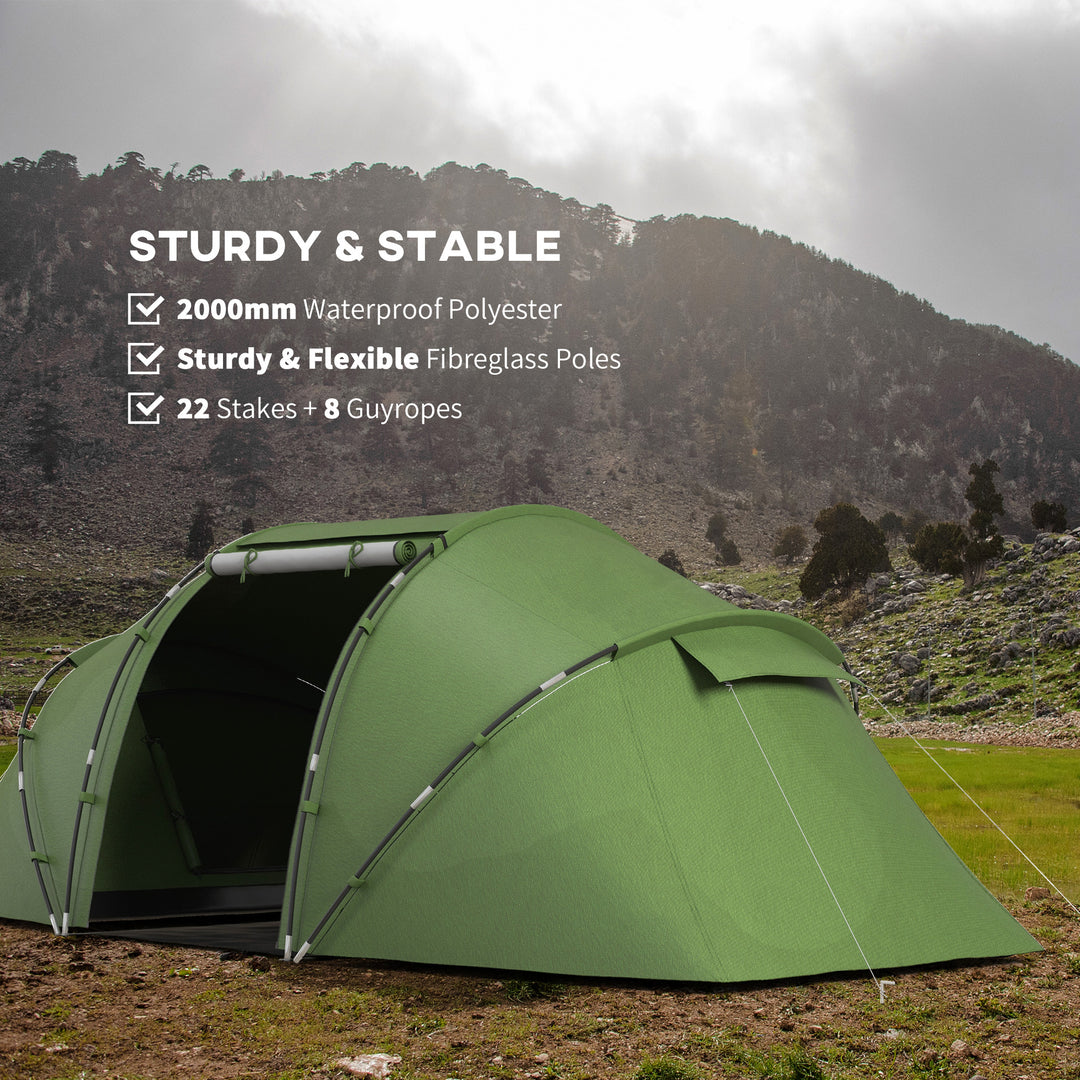 4-6 Man Camping Tent with Living Area and 2 Bedrooms, Hiking Sun Shelter, UV Protection Tunnel Tent, Dark Green