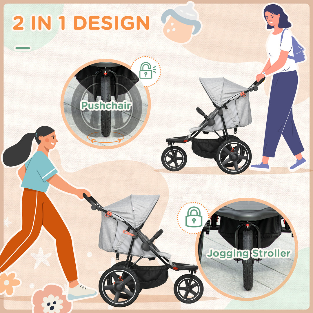 HOMCOM Foldable Three-Wheeler Baby Stroller w/ Canopy, Storage Basket - Grey