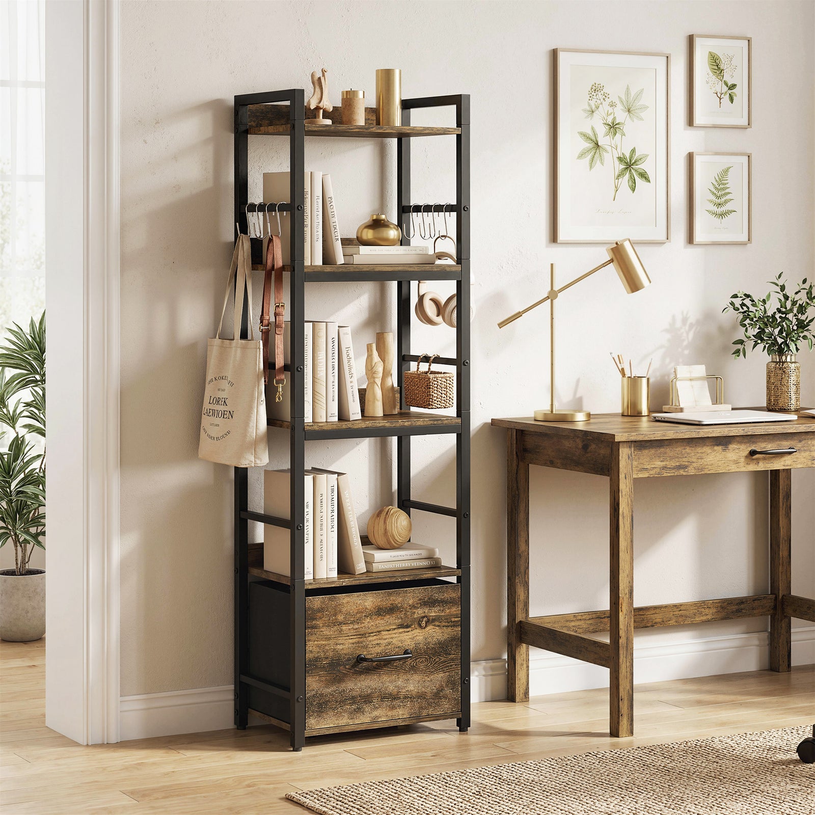 4-Tier Bookshelf, Narrow Bookcase with Drawer, 8 Hooks, Metal Frame, R