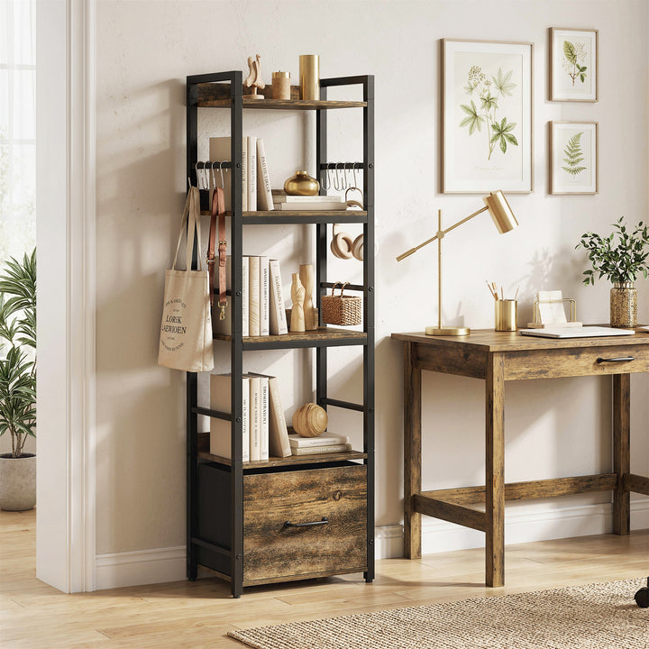 4-Tier Bookshelf, Narrow Bookcase with Drawer, 8 Hooks, Metal Frame, R