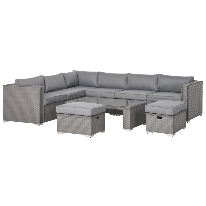 Outsunny 8-Seater PE Rattan Garden Corner Sofa Set Outdoor Wicker Conservatory Furniture Coffee Table Footstool, Grey | Aosom UK