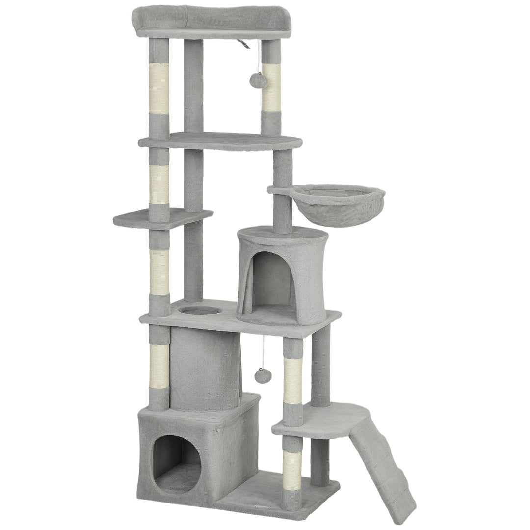 MCL 170 cm Large Cat Tree, Cat Tower with 7 Scratching Posts, Tunnel, 2 Condos, Hammock, Perch, Ramp, Pompoms, Light Grey