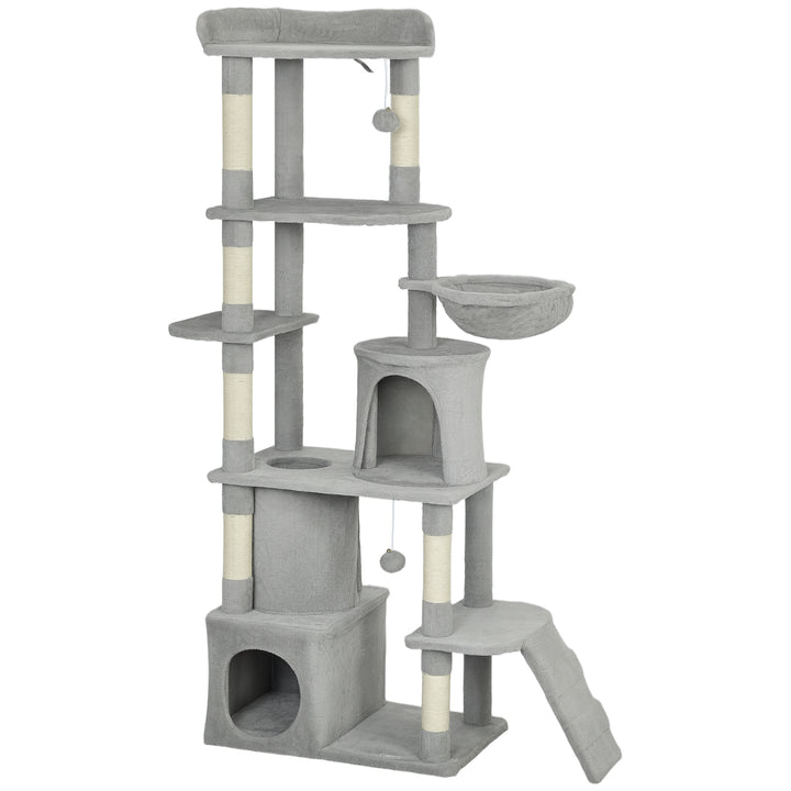 MCL 170 cm Large Cat Tree, Cat Tower with 7 Scratching Posts, Tunnel, 2 Condos, Hammock, Perch, Ramp, Pompoms, Light Grey