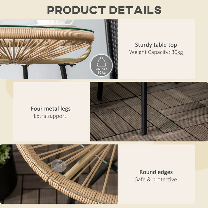 Rattan Side Table, Round Outdoor Coffee Table, with Round PE Rattan and Tempered Glass Tabletop for Patio, Garden, Balcony, Beige