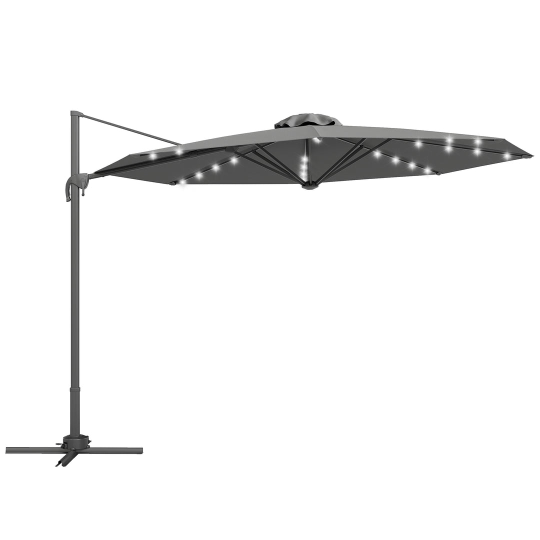 MCL 3(m) Cantilever Roma Parasol Patio Sun Umbrella with Crank & Tilt LED Solar Light Cross Base 360° Rotating Outdoor, Dark Grey