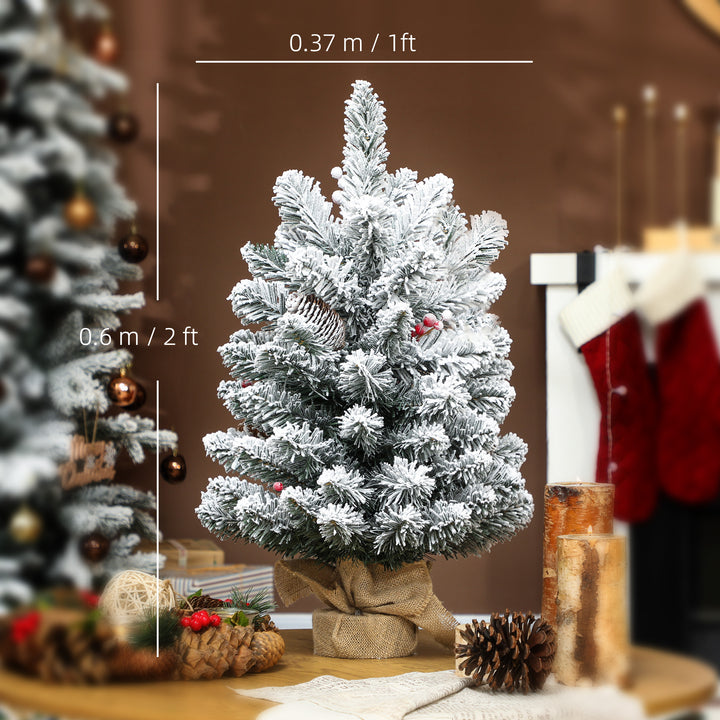 HOMCOM 60 cm Prelit Small Christmas Tree with 35 LED Lights, Snow Flocked Tabletop Mini Xmas Tree with 72 Dense Branches, Pine Cones, Berry Clusters and Linen Cover Base, Battery Operated, Green