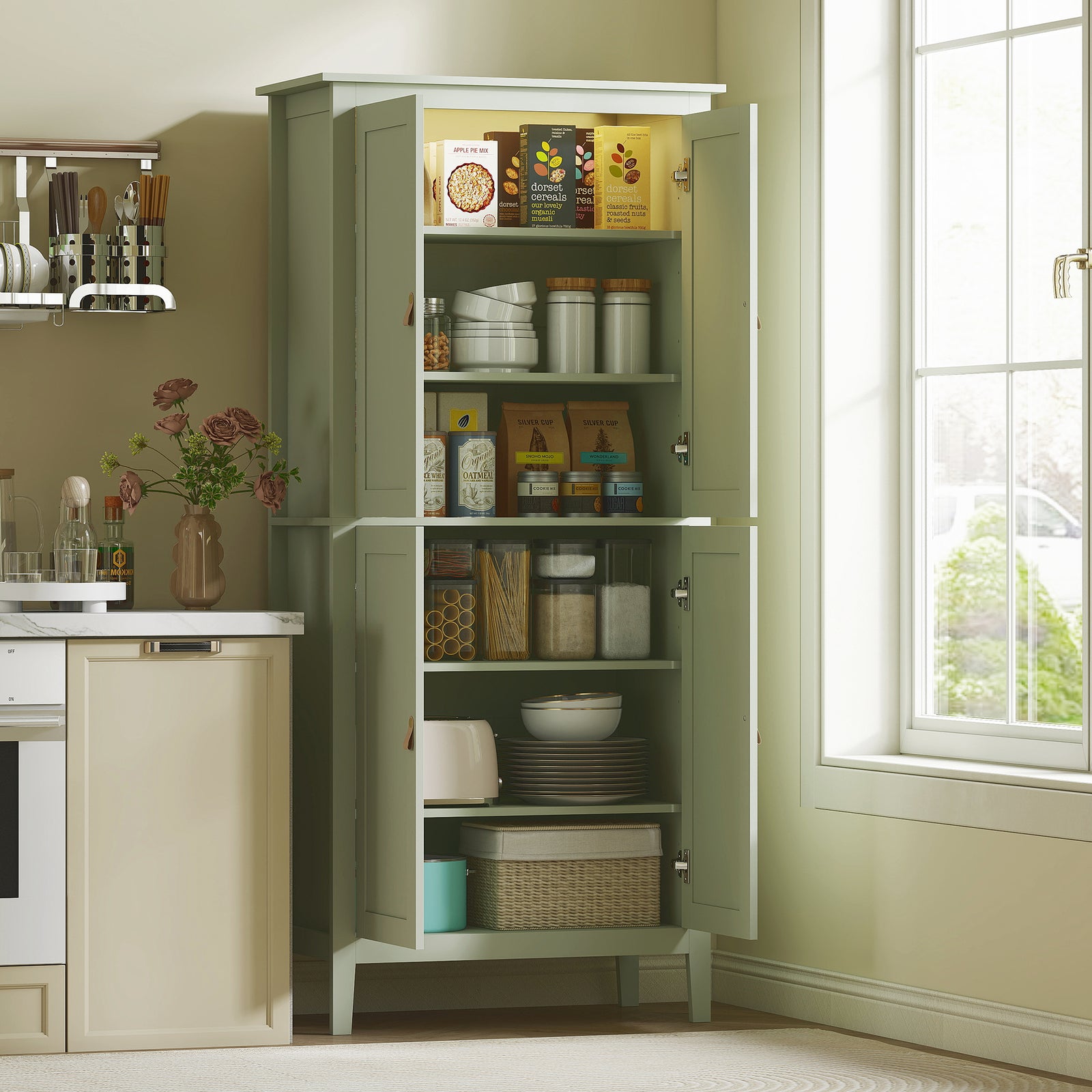 Tall Pantry Cupboard with Motion Sensor LED Light - Green