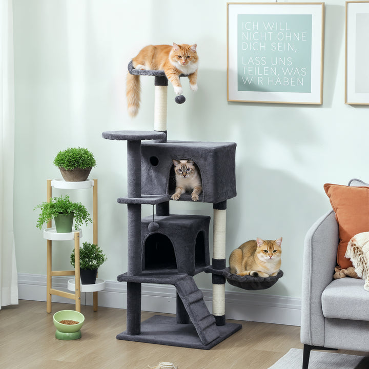 MCL 140cm Large Cat Tree Tower with Sisal Scratching Posts, Cat Houses, Plush Perches, Hammock, Ladder, Dark Grey
