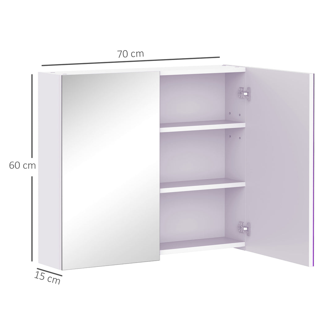 Mirror Cabinet, Wall Mount Bathroom Storage Cabinet with Adjustable Shelf, Double Door Cupboard, 70 x 15 x 60 cm, White