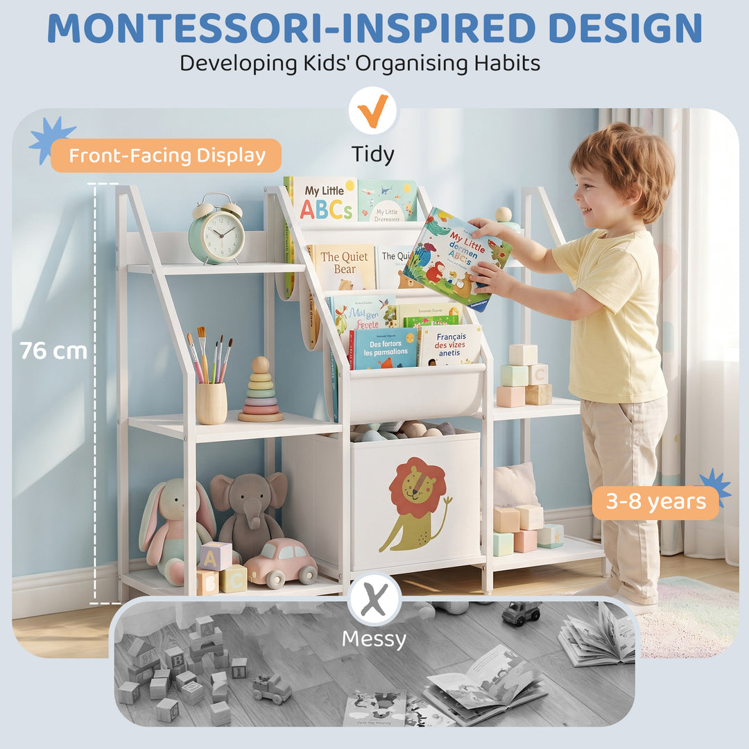 Kids Bookshelf and Toy Storage with 3-Tier Sling Book Rack and Fabric 
