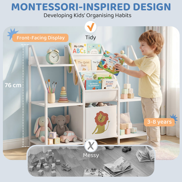 Kids Bookshelf and Toy Storage with 3-Tier Sling Book Rack and Fabric 