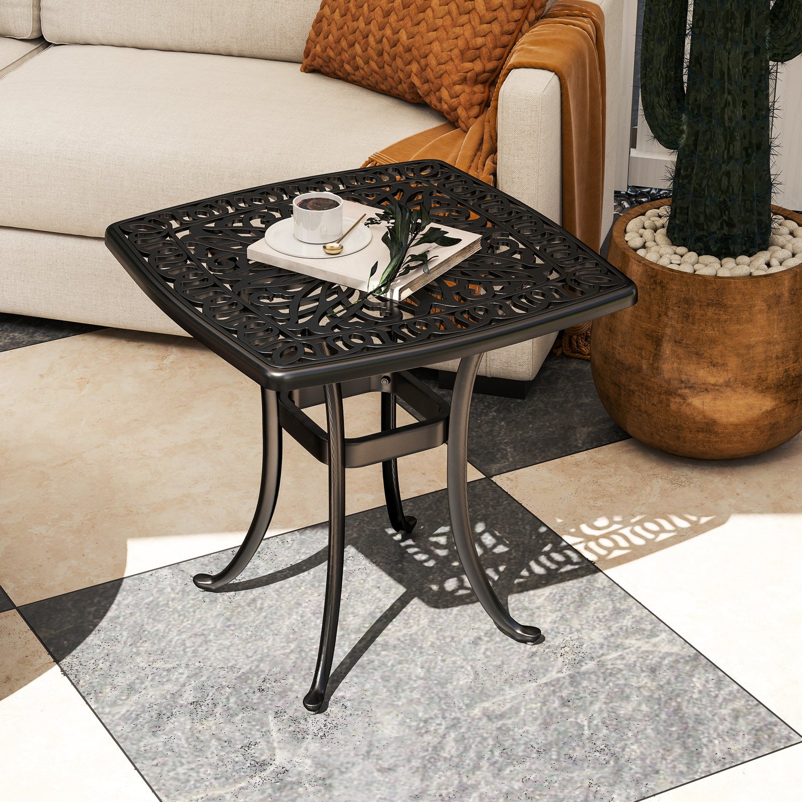 Outdoor Garden Table with 38mm Dia. Umbrella Hole, Cast Aluminium Patio End Table with Anti-slip Foot Pads for Garden, Patio, Balcony, 54 x 52.5cm, Black