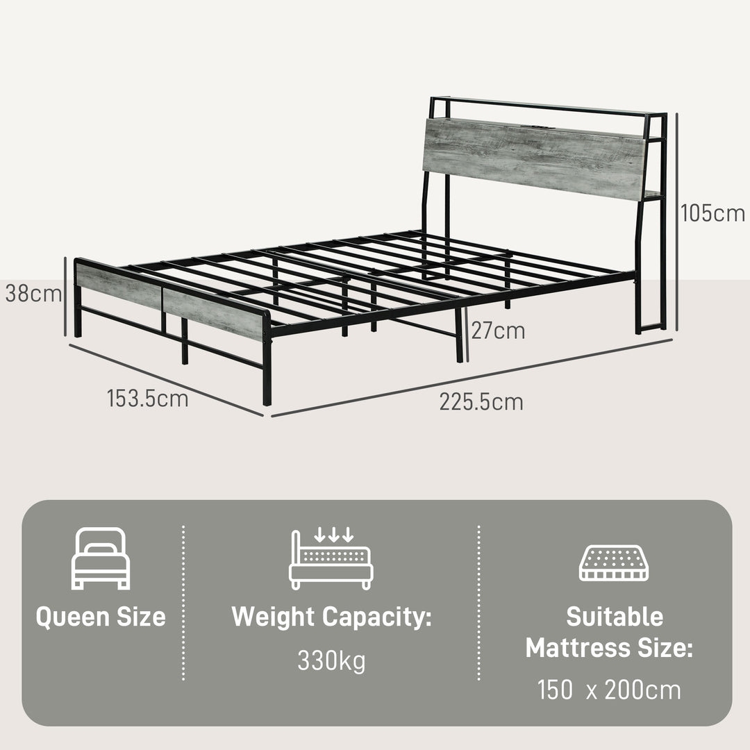 King Steel Bed Frame, with LED Lights and Headboard Shelf - Grey
