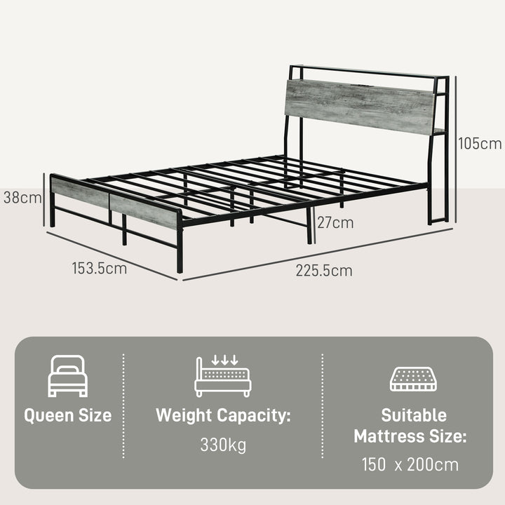 King Steel Bed Frame, with LED Lights and Headboard Shelf - Grey
