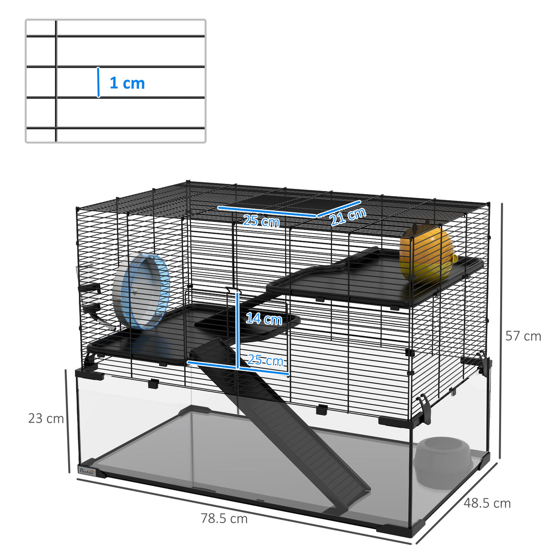 3 Tiers Hamster Cage, Gerbil Cage with Deep Glass Bottom, Non-Slip Ramps, Platforms, Hut, Exercise Wheels, Water Bottle, Dish, for Syrian Hamster, Dwarf Hamster, 78.5 x 48.5 x 54.5cm