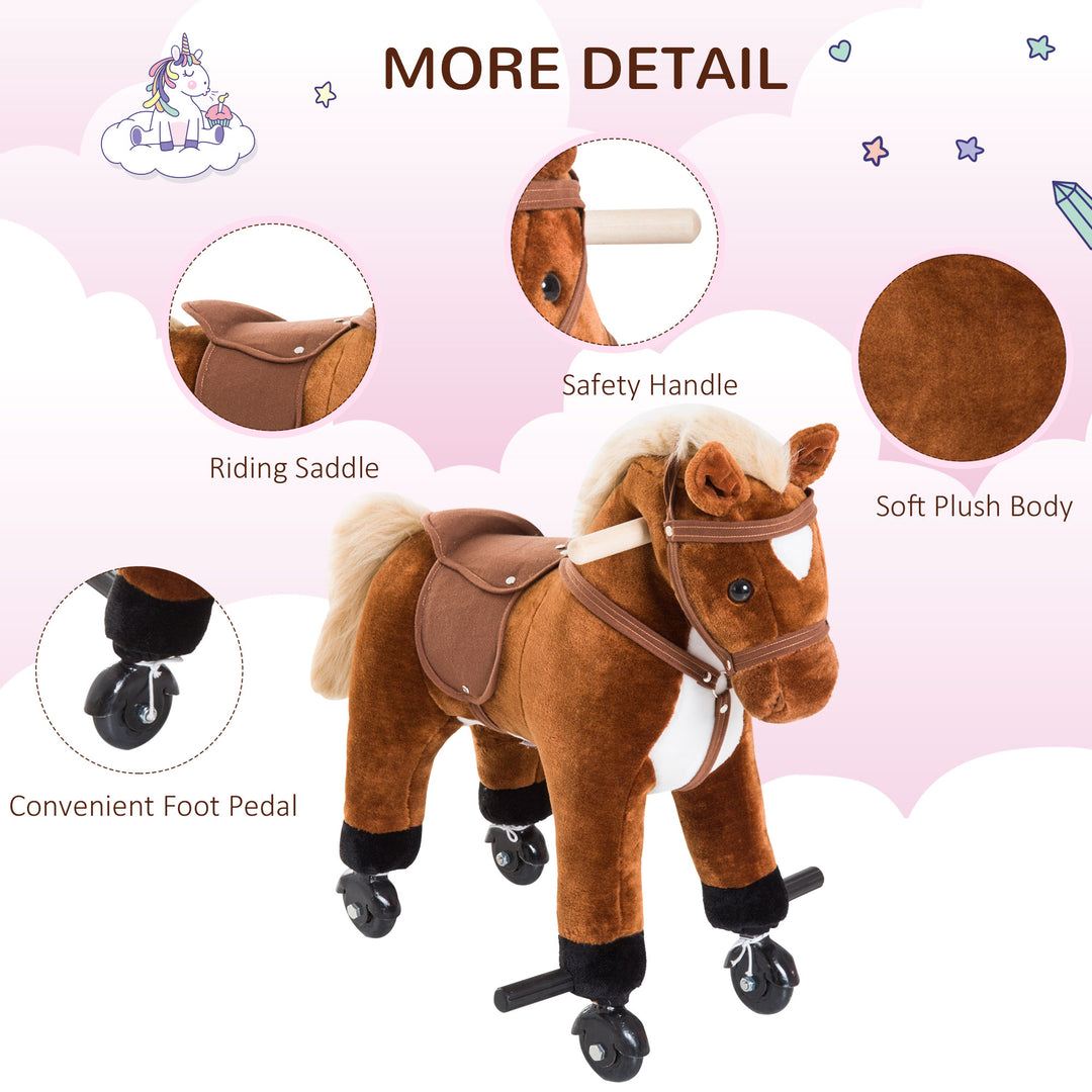 HOMCOM Plush Rocking Horse: Wooden Action Pony with Wheeled Walking, Riding & Sound, Brown | Aosom UK