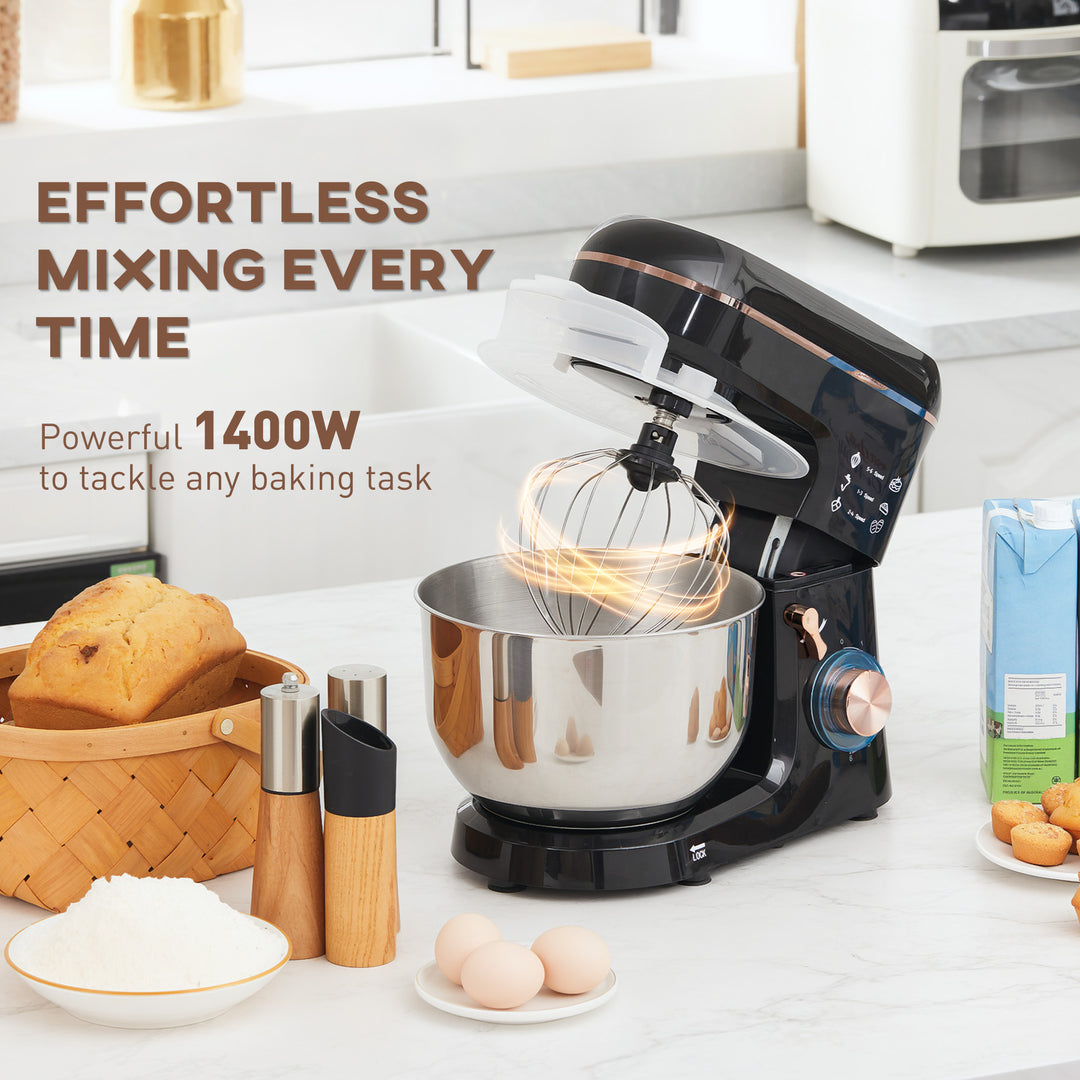 Stand Mixer, 5L Food Mixer for Baking, 6 Speeds and Pulse Setting, 1400W Cake Electric Kitchen Mixer with Dough Hook, Whisk, Stainless Steel Bowl, Splash Guard, Beater, Black