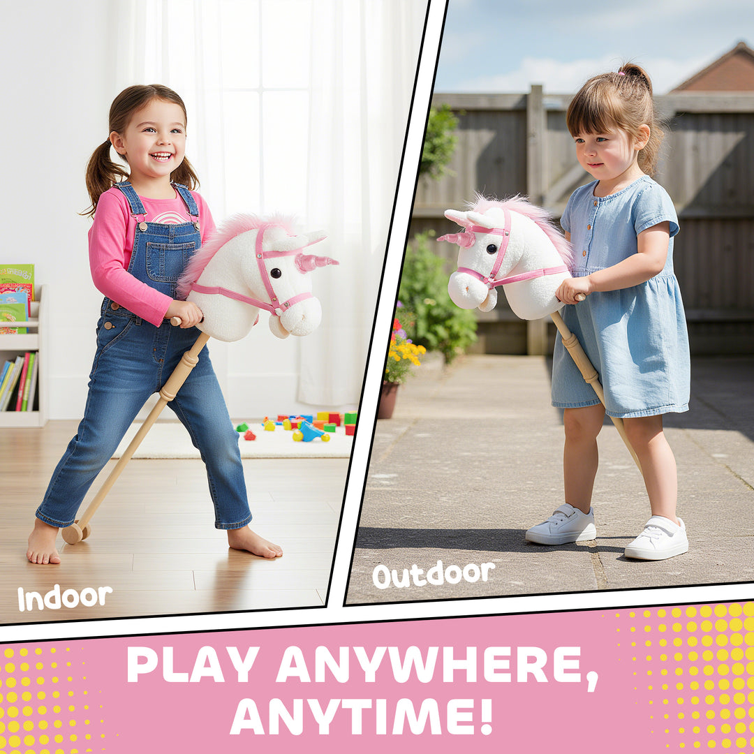 Unicorn Stick Horse with Wood Wheels, Real Pony Neighing and Galloping Sounds, Grip Handle, 95 cm